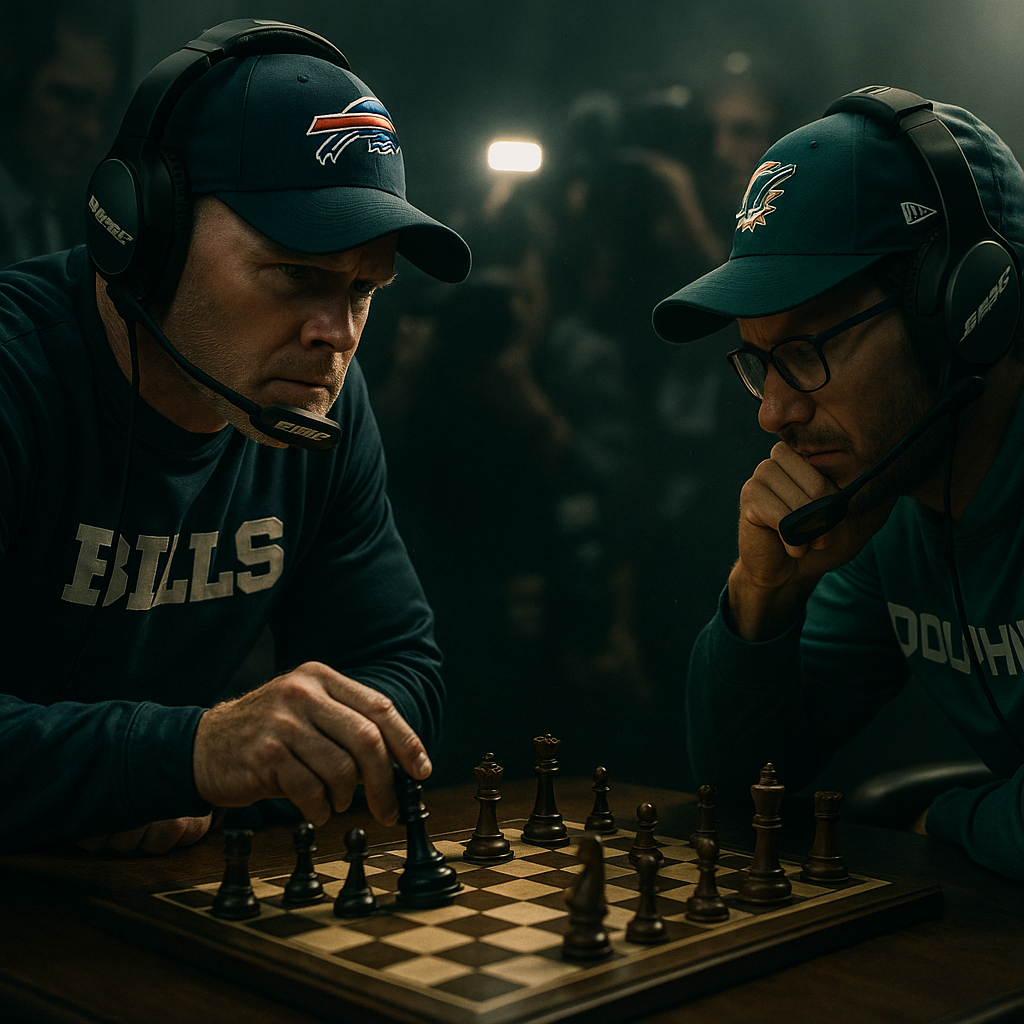 Coaching Chess and Pressure Plays: Depiction of the coaches Sean McDermott and Mike McDaniel in a tense game situation, showing media pressure on Miami and confident Buffalo coaching, symbolizing strategic battle.
