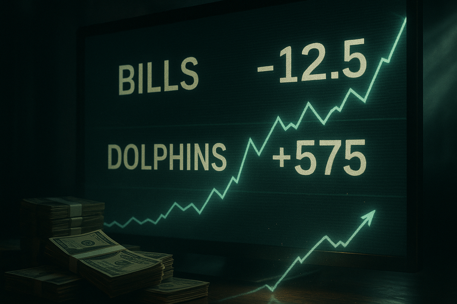 Market Moves: Illustration of a sportsbook betting line moving, showing Bills favored at -12.5 and Dolphins at +575 with visuals of money flow and betting odds.
