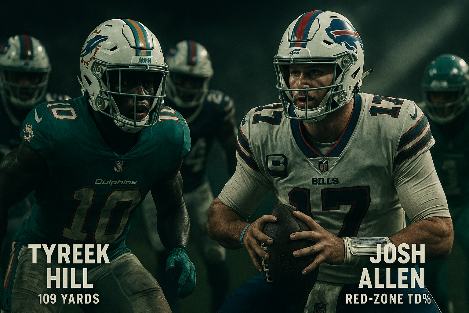 Matchup Magic: Dynamic image focusing on Tyreek Hill vs Bills secondary with Josh Allen leading Buffalo's offense, emphasizing key stats like Hill's 109-yard day and Josh Allen's red-zone efficiency.