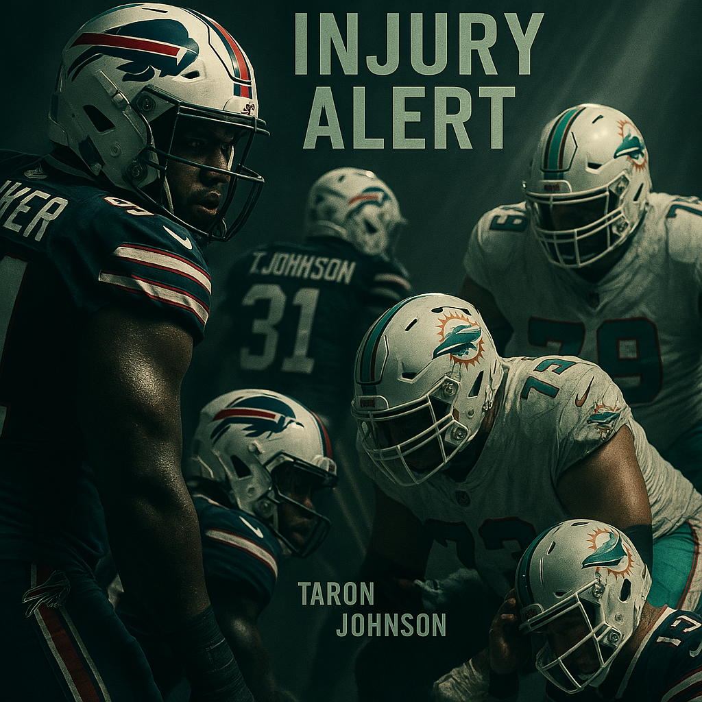 Injury Alert: Visual representation of injured players on the Bills' secondary and Miami's offensive line facing a tough Bills defense, highlighting key player names like Ed Oliver and Taron Johnson.