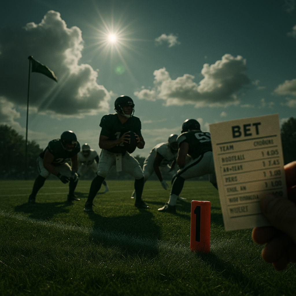 A scene depicting the narrative and environment of the game day: a clear sky over a natural grass field, with elements representing weather conditions, players focused on execution, and subtle references to betting mindset and final takeaways.