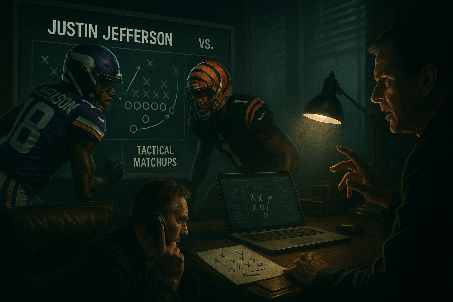 An infographic-style image highlighting key player matchups and tactical battles: Justin Jefferson vs Bengals CB1, defensive battles, and coaches making strategic calls, emphasizing the football chess match.