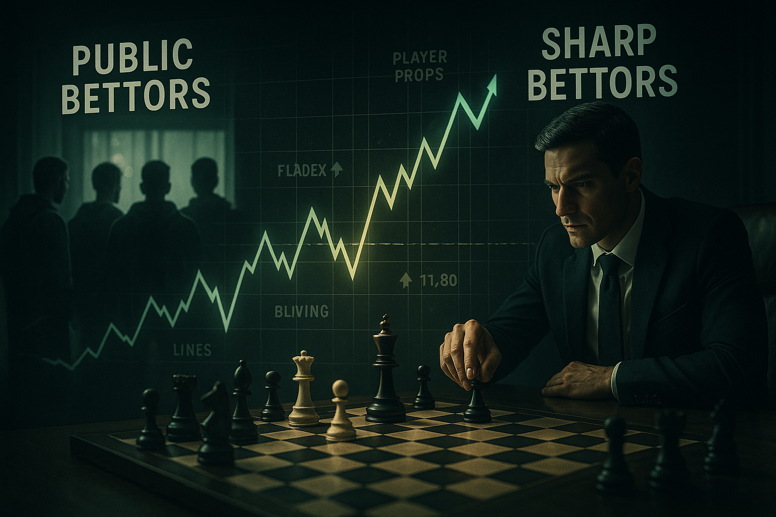A conceptual illustration of betting markets and money flows: showing contrasting groups representing 'public bettors' and 'sharp bettors,' alongside fluctuating betting lines, player props, and a tactical chessboard metaphor.