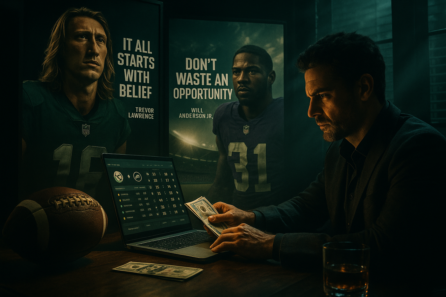 An evocative depiction of the narratives fueling the game: star players like Trevor Lawrence and Will Anderson Jr. delivering motivational quotes, a backdrop of perfect weather conditions, and symbolic elements representing high stakes and betting tension.