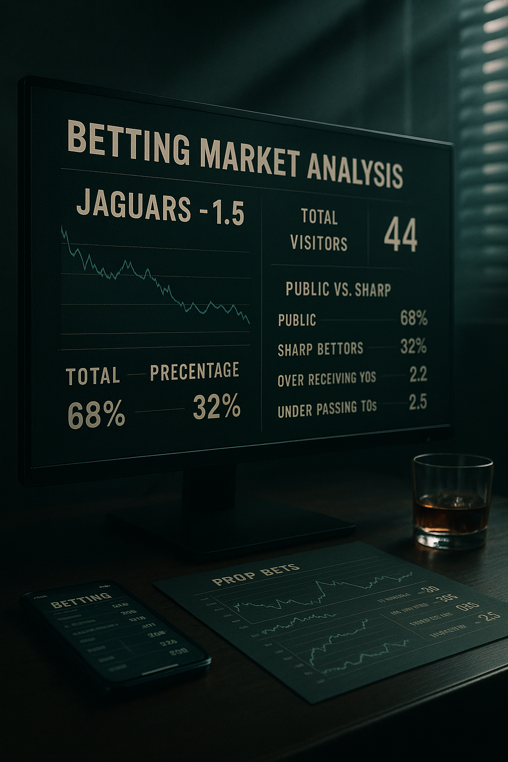 A detailed graphic illustrating betting market analysis: evolving point spreads, totals, public vs. sharp bettors, and prop bets, highlighting numbers and trends like Jaguars -1.5, total points at 44, and contrasting betting percentages.