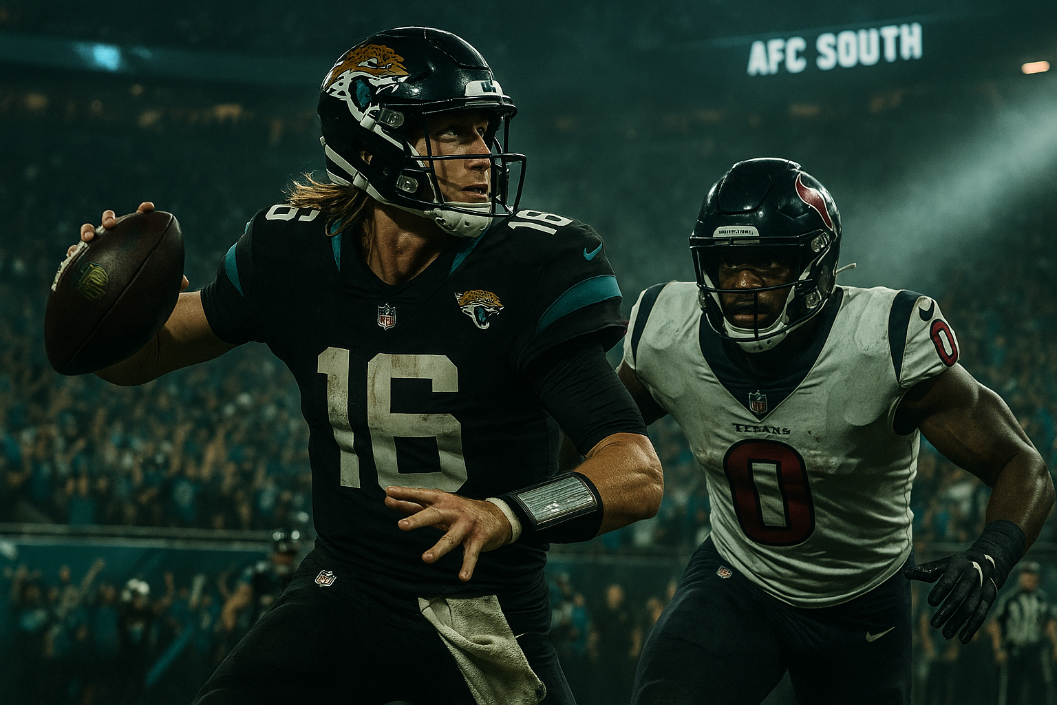 A dynamic scene of the Jacksonville Jaguars hosting the Houston Texans at EverBank Stadium, showcasing the intensity and desperation of an early-season AFC South game with passionate fans and a tense atmosphere.