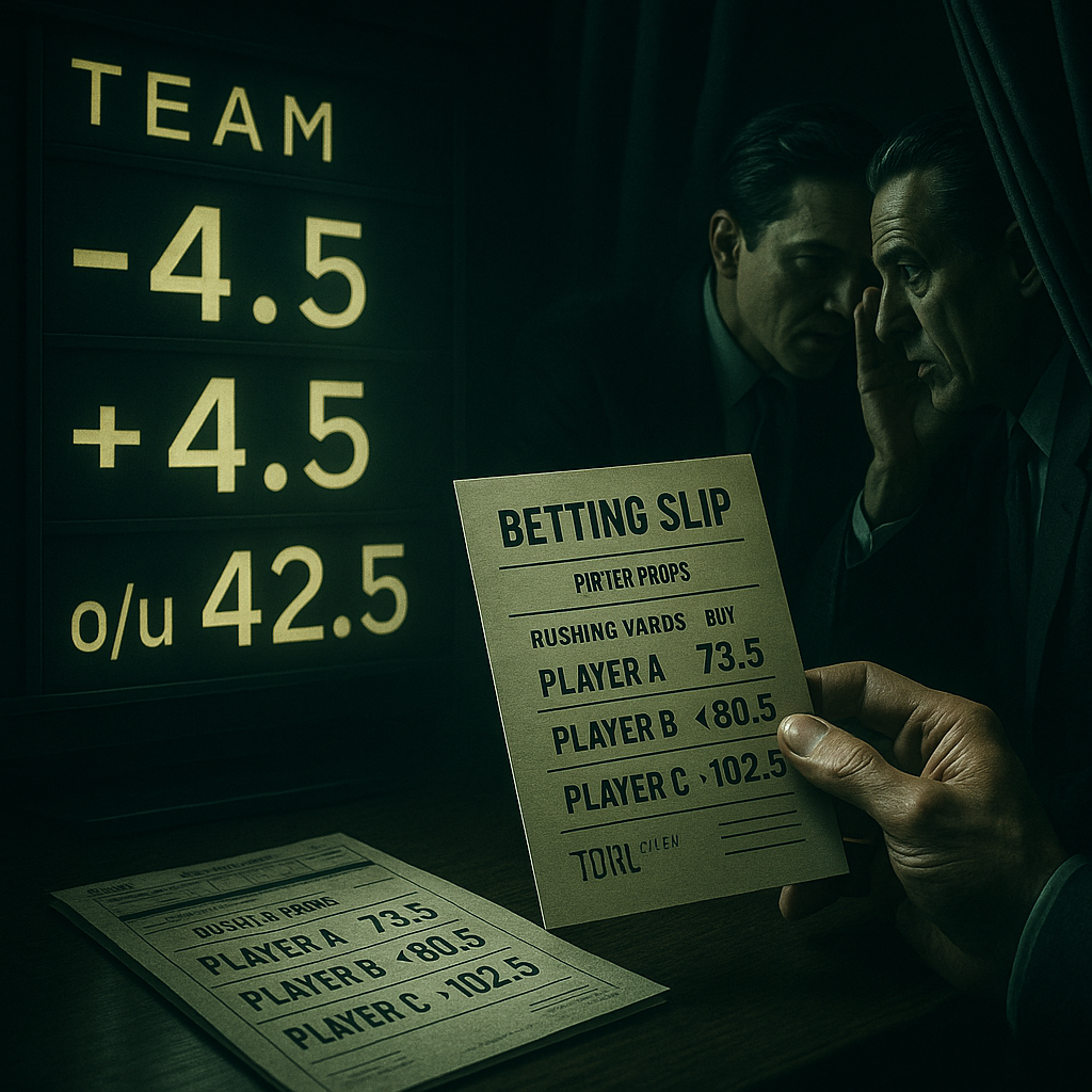 A graphic depicting the betting market with elements such as point spreads on a scoreboard, betting slips showing player props and rushing yards, and stylized bookmakers whispering odds behind a curtain, symbolizing the tight and volatile betting landscape for the game.