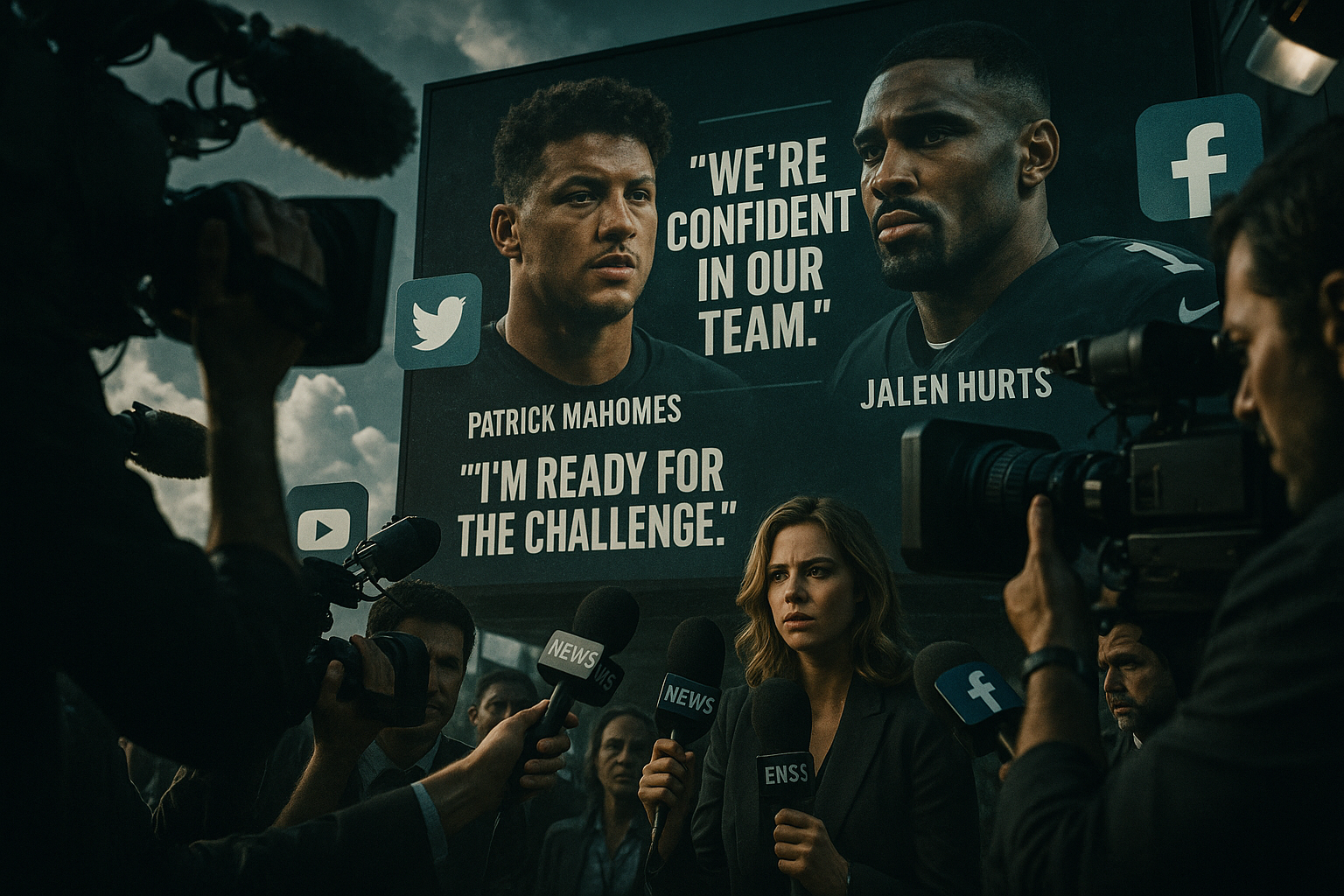 A media frenzy scene showing reporters, TV cameras, and social media icons capturing the hype around the game, with quotes from both quarterbacks displayed prominently and a backdrop of perfect weather symbolizing ideal game conditions.