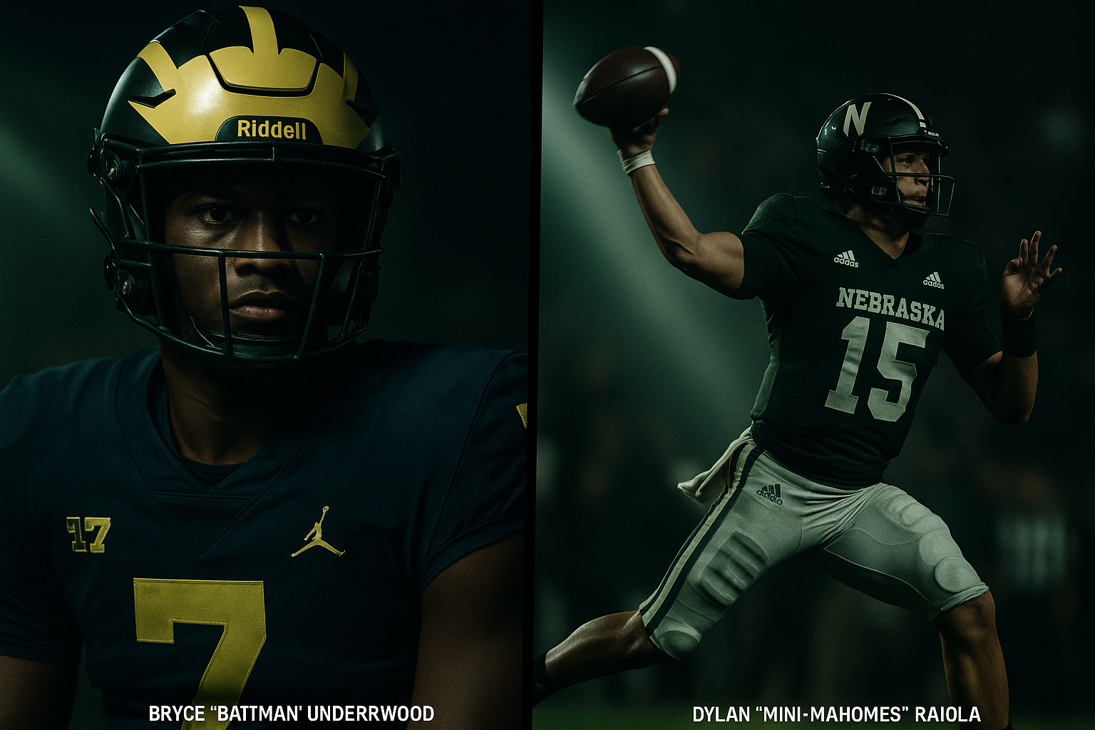 A dynamic split-screen image showing Bryce 'Batman' Underwood in a Michigan football uniform with a calm, poised expression on one side, and Dylan 'Mini-Mahomes' Raiola in a Nebraska uniform exhibiting an electrifying, improvisational move on the other side, highlighting their contrasting quarterback styles.