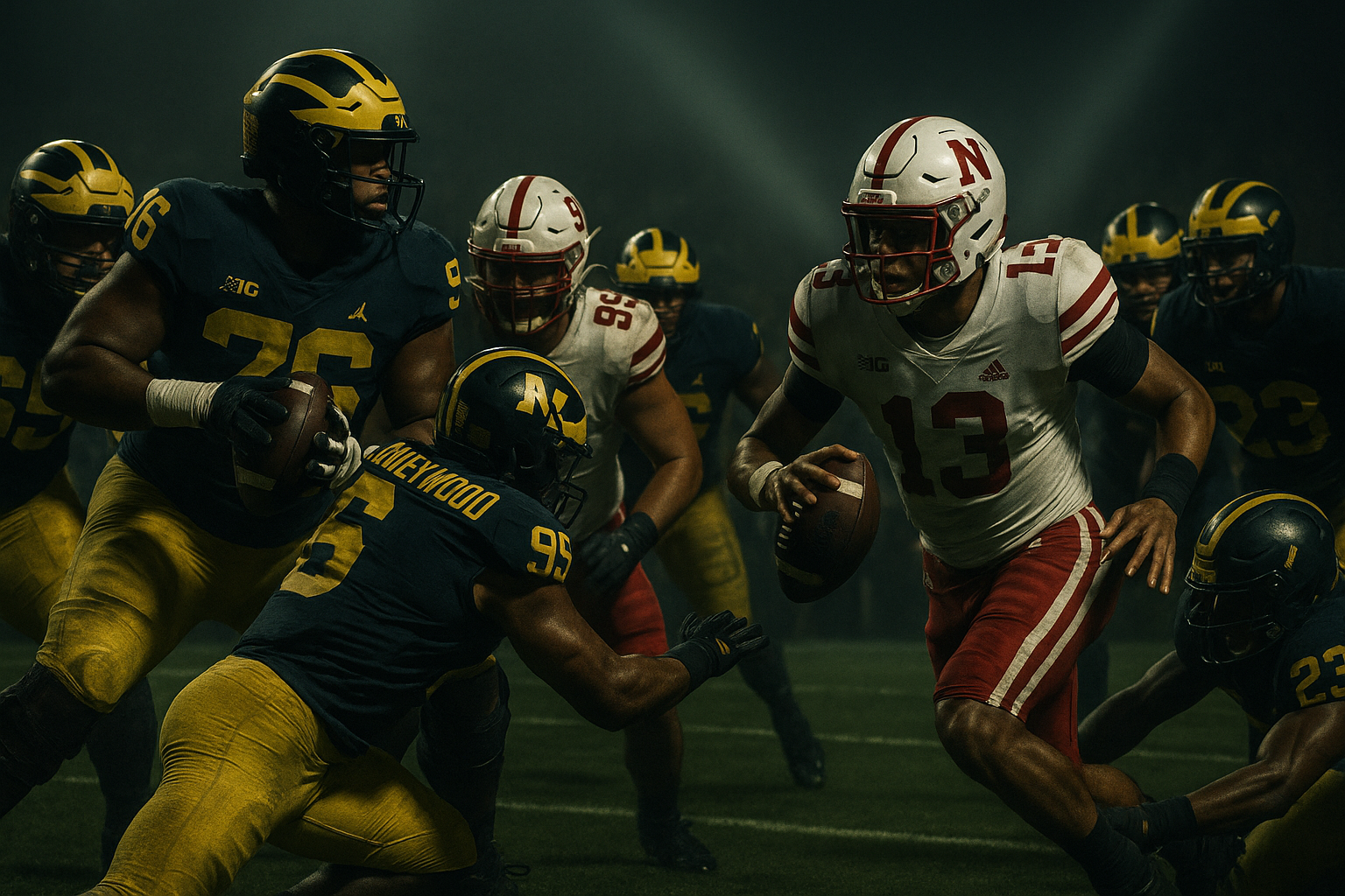 An intense on-field depiction of Michigan’s strong offensive line protecting Bryce Underwood in the pocket against Nebraska’s defensive line, as well as Dylan Raiola evading Michigan’s disciplined linebackers and cornerbacks, emphasizing the strategic matchup battle on both sides of the ball.