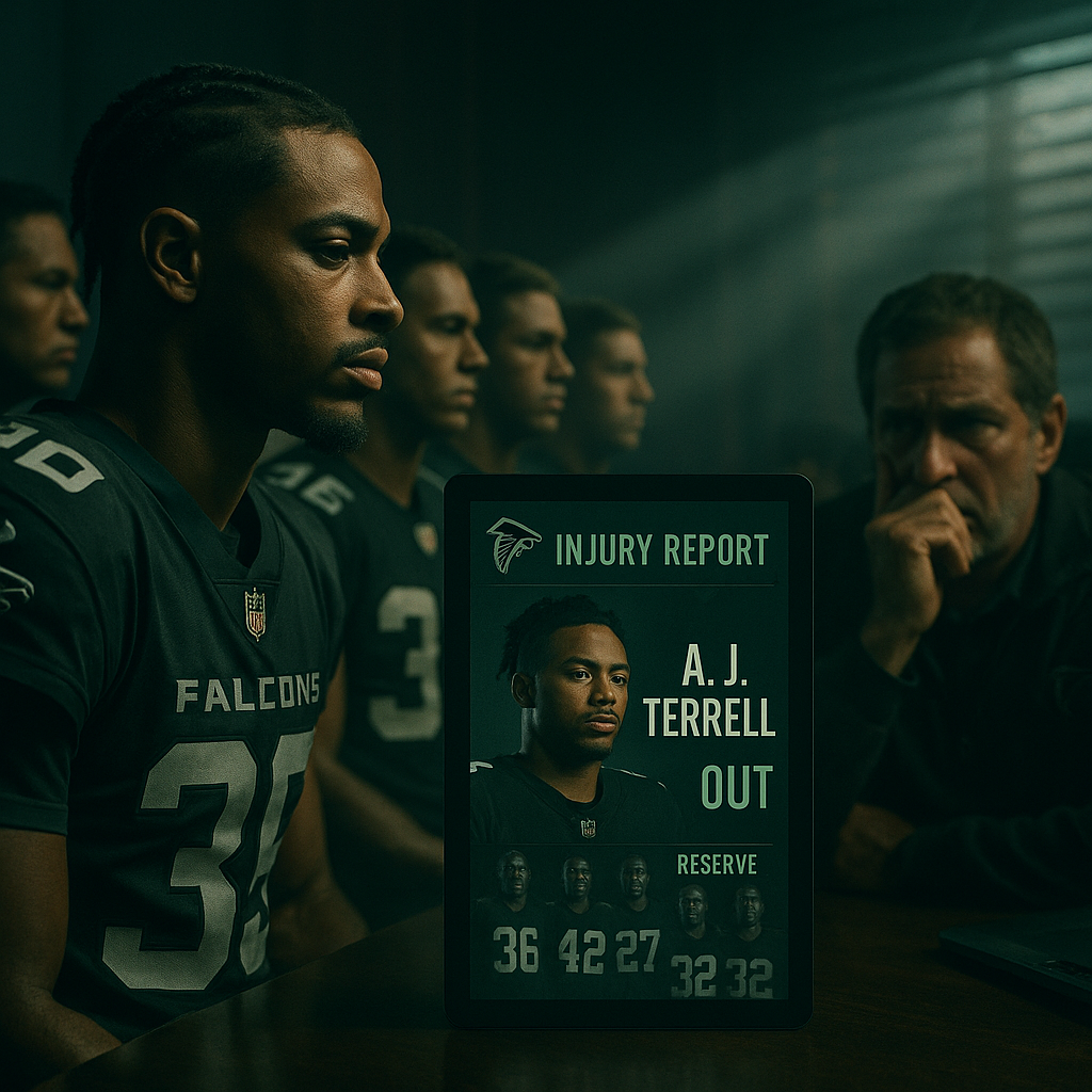 A visual representation of the injury report featuring A.J. Terrell as the key missing player for the Falcons, with backup players lined up and a concerned coach or fans in the background.