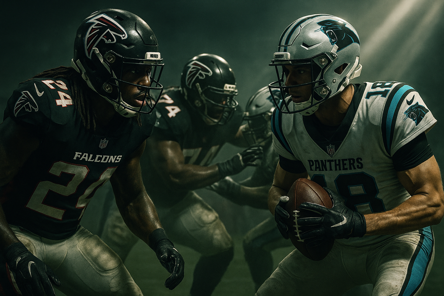 A detailed matchup scene highlighting critical player battles such as Falcons’ secondary vs Panthers’ wide receivers, and the offensive line vs defensive front battle in the trenches.