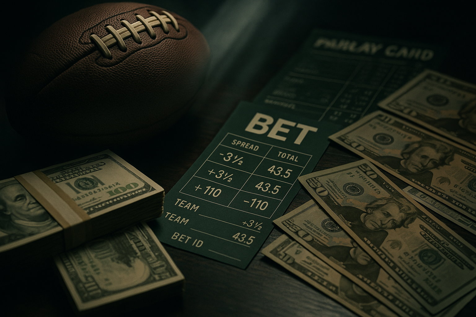 A graphic showing betting lines and odds with a football, money, and betting slips illustrating the spread, juice, and the contrast between public and sharp bettors’ perspectives.