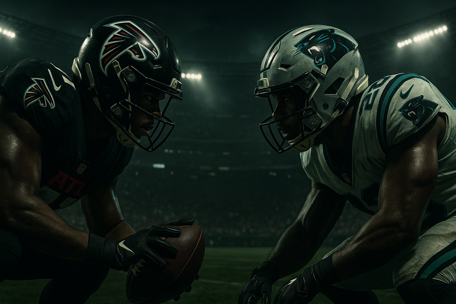 A dramatic image of the NFC South teams (Falcons and Panthers) facing off in a football stadium, emphasizing the intense rivalry and unpredictability of the division.
